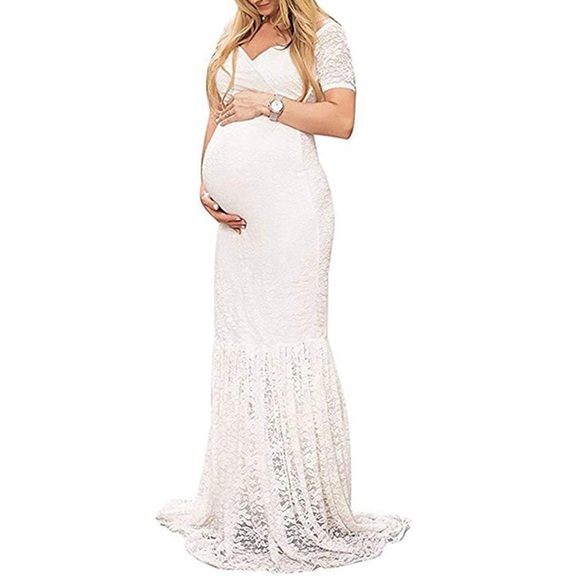 white maternity dress formal PinkBlush White Lace Overlay Maternity Maxi Dress